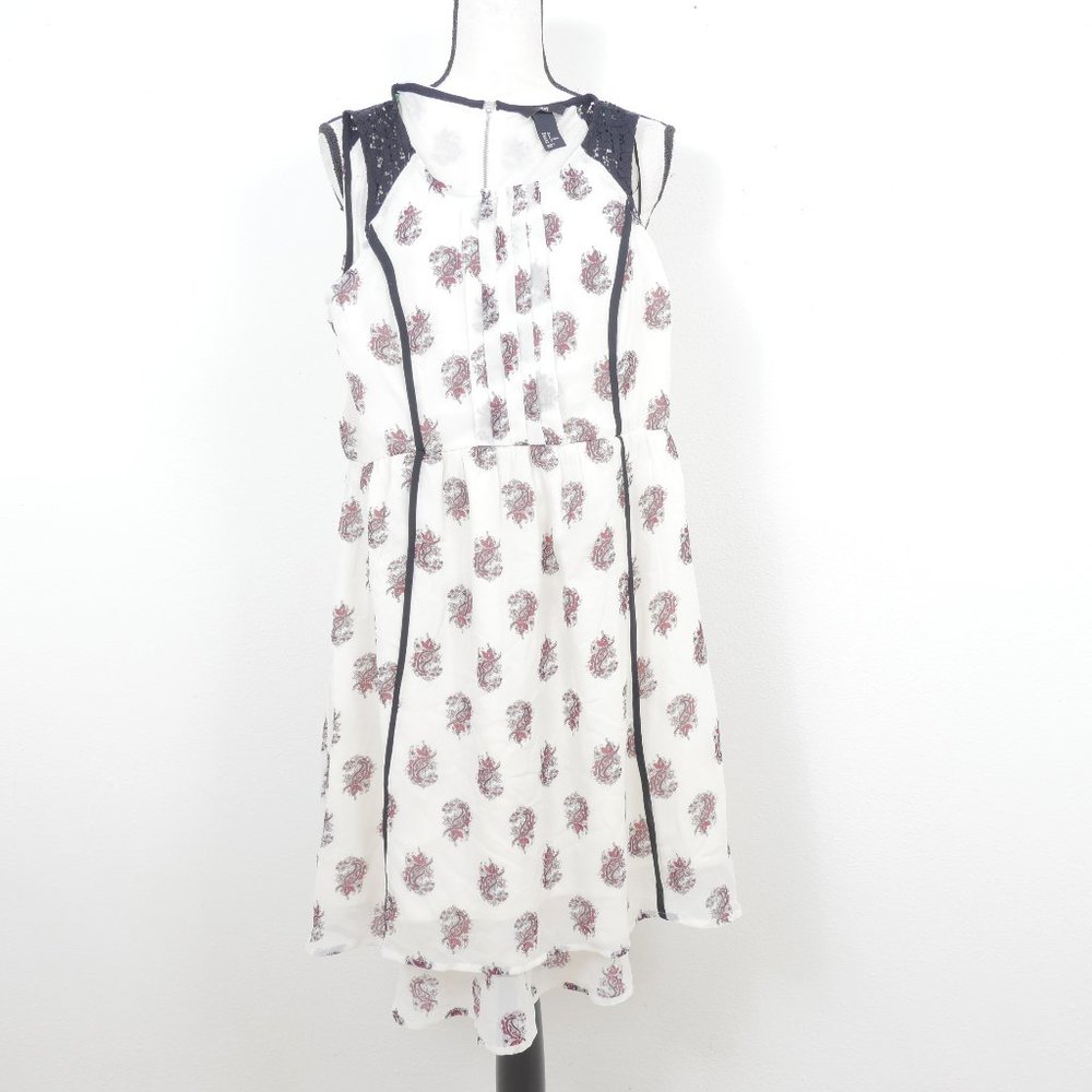 H&M White Paisley Print Black Lace Size 4 Hi Lo Sleeveless Boho Dress